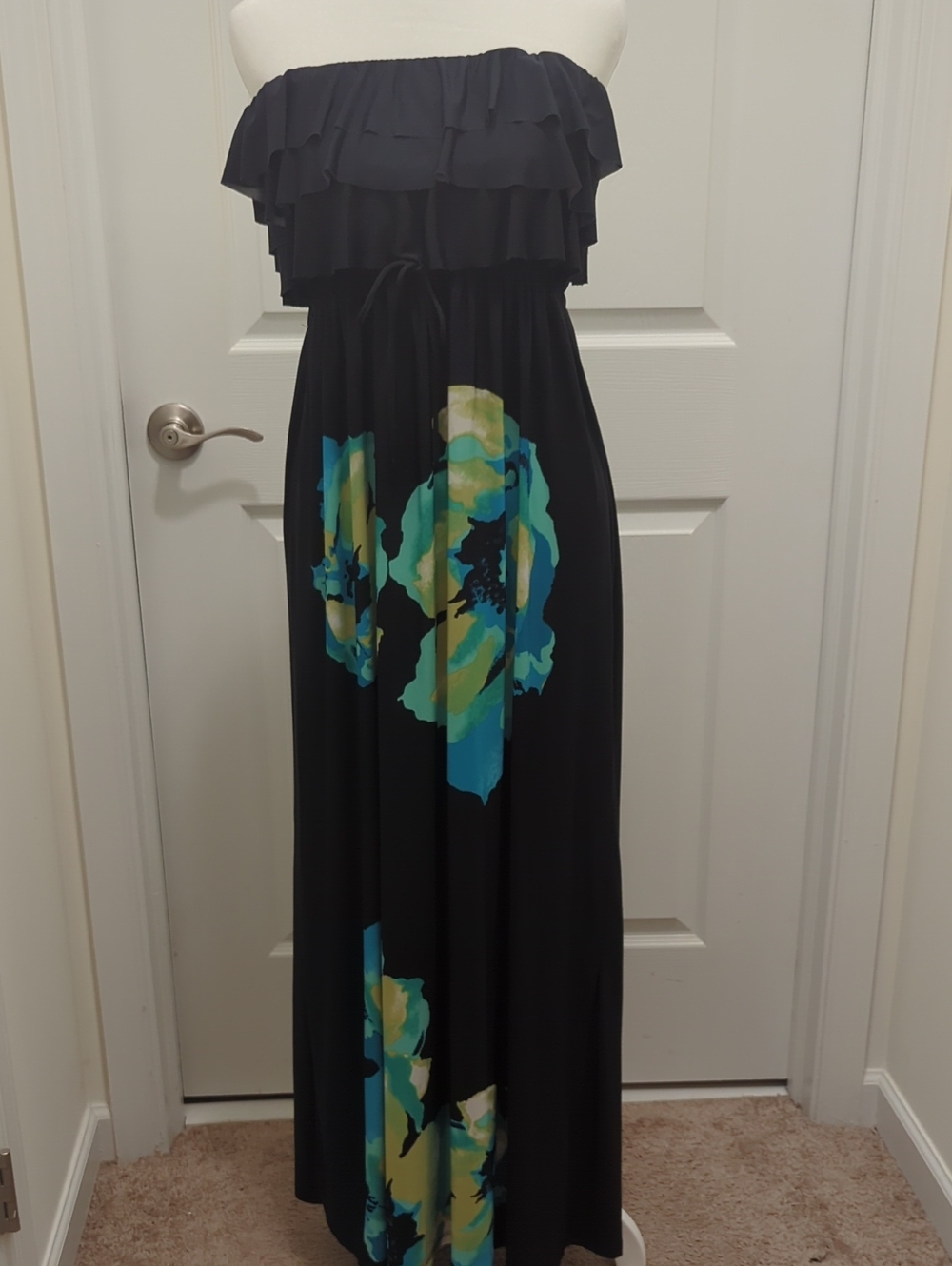 Strapless Black Maxi Dress with Blue-Green Floral Print